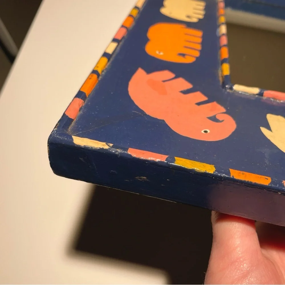 VTG Hand Painted Framed Rectangular Wall Mirror Elephant Motif Blue Orange
